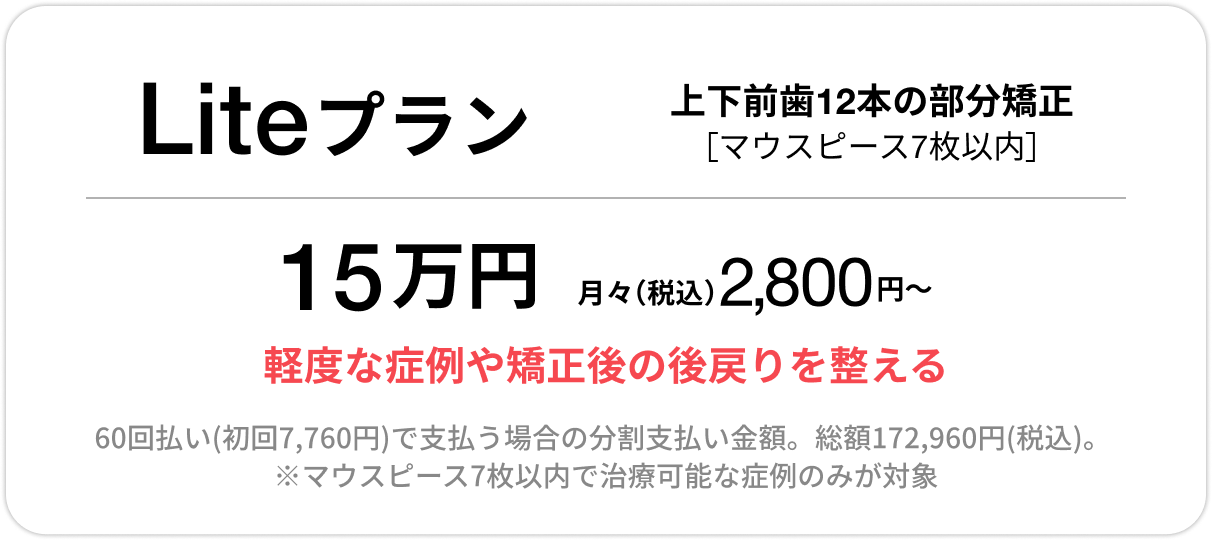 Basicプラン、上下前歯12本の部分矯正、33万円、月々(税込)3,500円〜